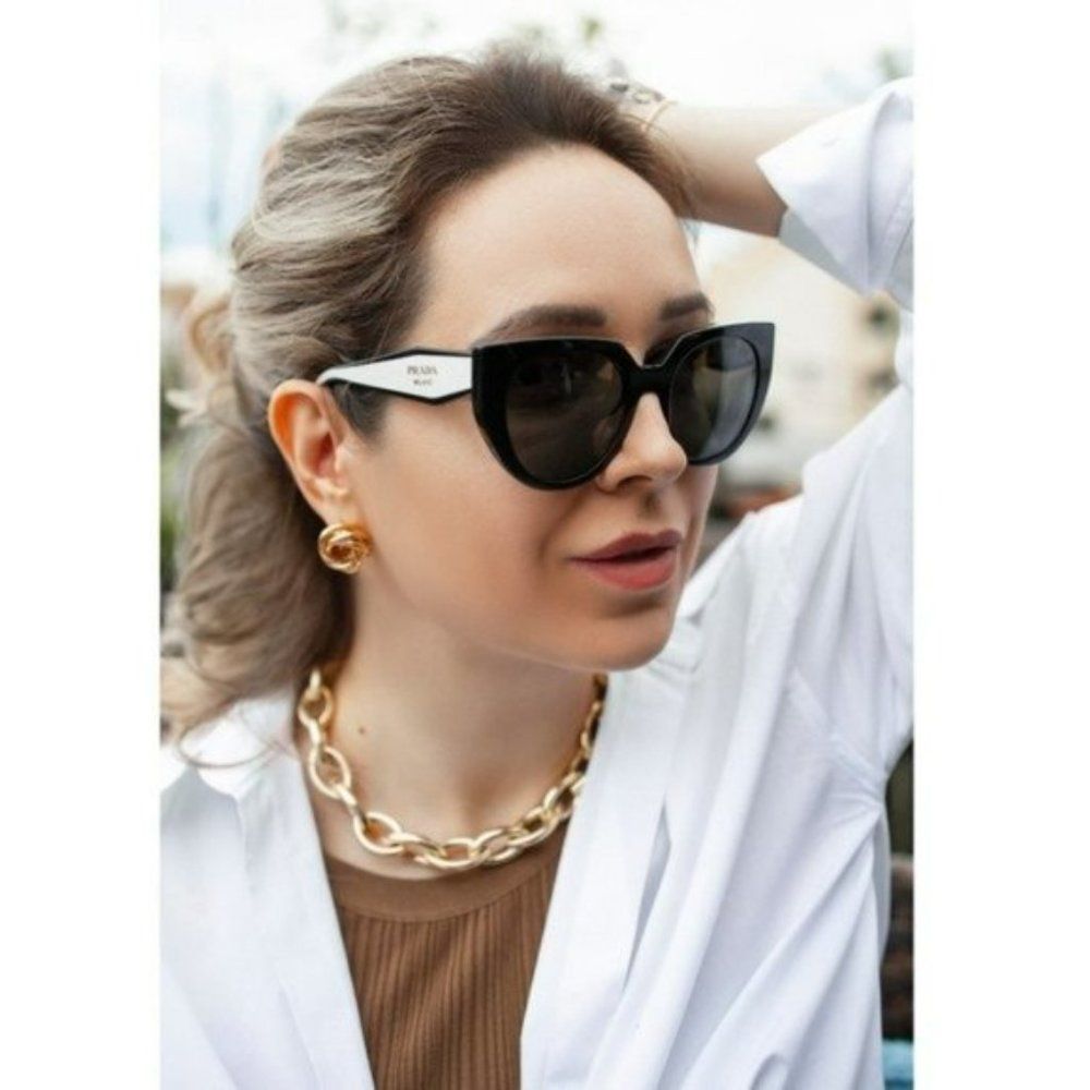 Prada PR14WS 09Q-5S0 Sunglasses Black Gray Cat Eye Oversized Women